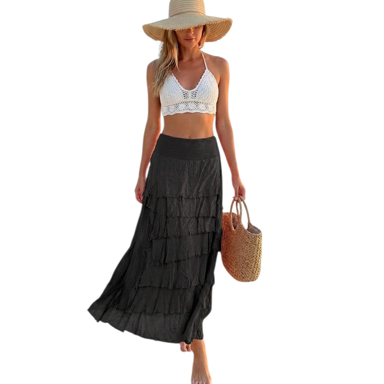Alam Exclusive Women's Dress Lagenlook Silk Skirt Flap Over Italian Shredded Ladies Elegant Ruffle Frill Party Summer Layer Look Plain Pleated Layer Resort Wear (Black)
