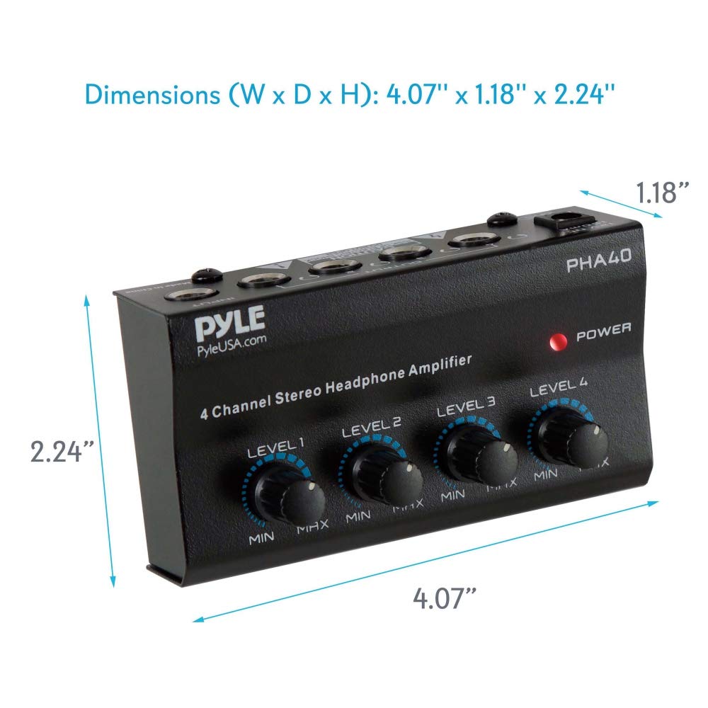 4-Channel Portable Stereo Headphone Amplifier - Professional Multi Channel Mini Earphone Splitter Amp w/ 4 ¼” Balanced TRS Headphones Output Jack and 1/4" TRS Audio Input For Sound Mixer - Pyle PHA40 BLACK