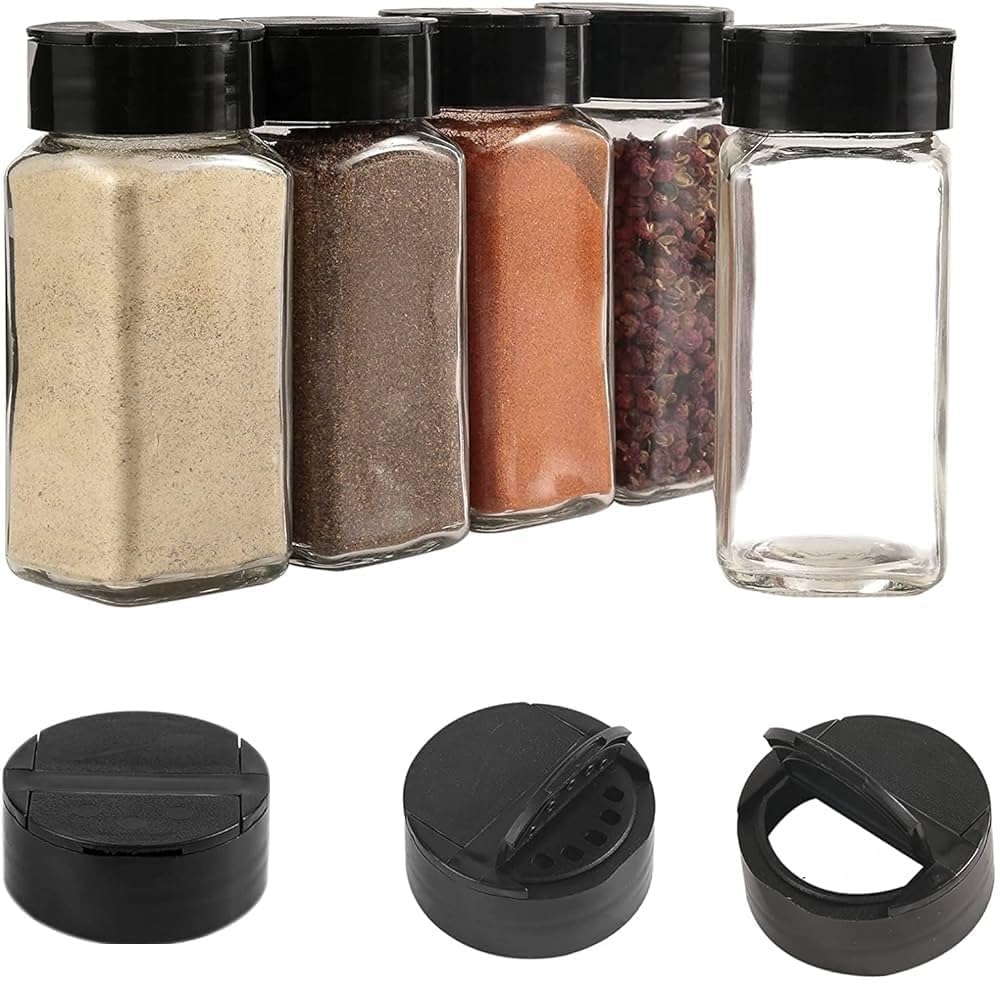 Prachi Enterprise Salt & Pepper Square Glass Spice Jar with Black Sifter Two Sided Sifter Cap with Shaker Lids for Storage of Masalas and Condiments (120ml,Pack of 5)