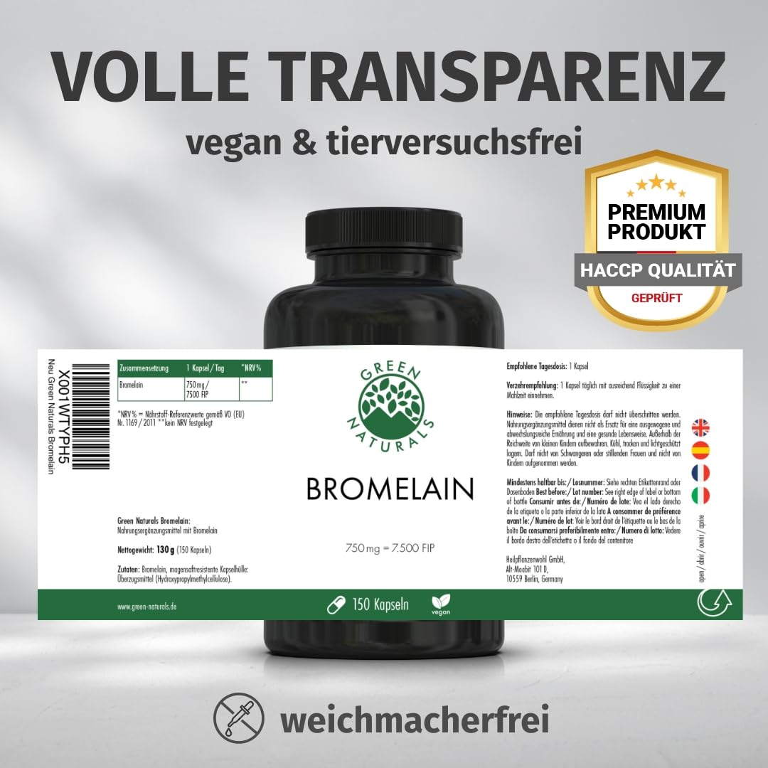 Green Naturals® Bromelain – Hochdosiert: 7.500 F.I.P (750 mg) aus natürlichem Ananas-Extrakt – magensaftresistente Kapseln – Vegan & laborgeprüft – 150 Kapseln (5 Monate)