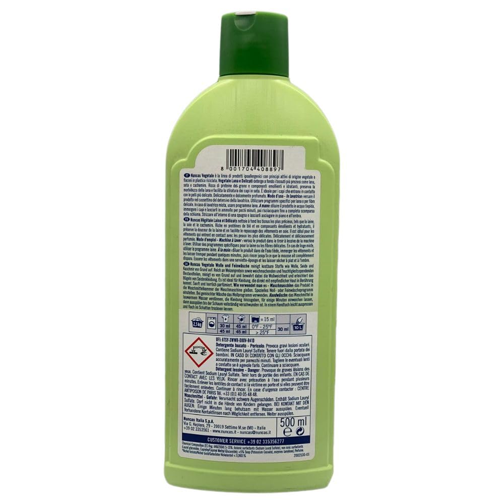 Detersivo a Mano e in Lavatrice per Lana, Seta e Cachemire, Ipoallergenico, Senza Coloranti, Senza Nichel, 500ml (4 Unità)