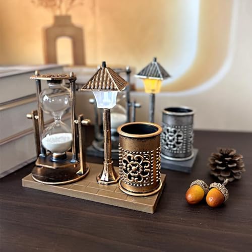 PDNPDN Vintage Style Desk Organizer Set with Hourglass Timer, Decorative Pen Holder, Bronze Finish, pen organizer for desk, vintage office decor, sand timers, desk organizer pen holder