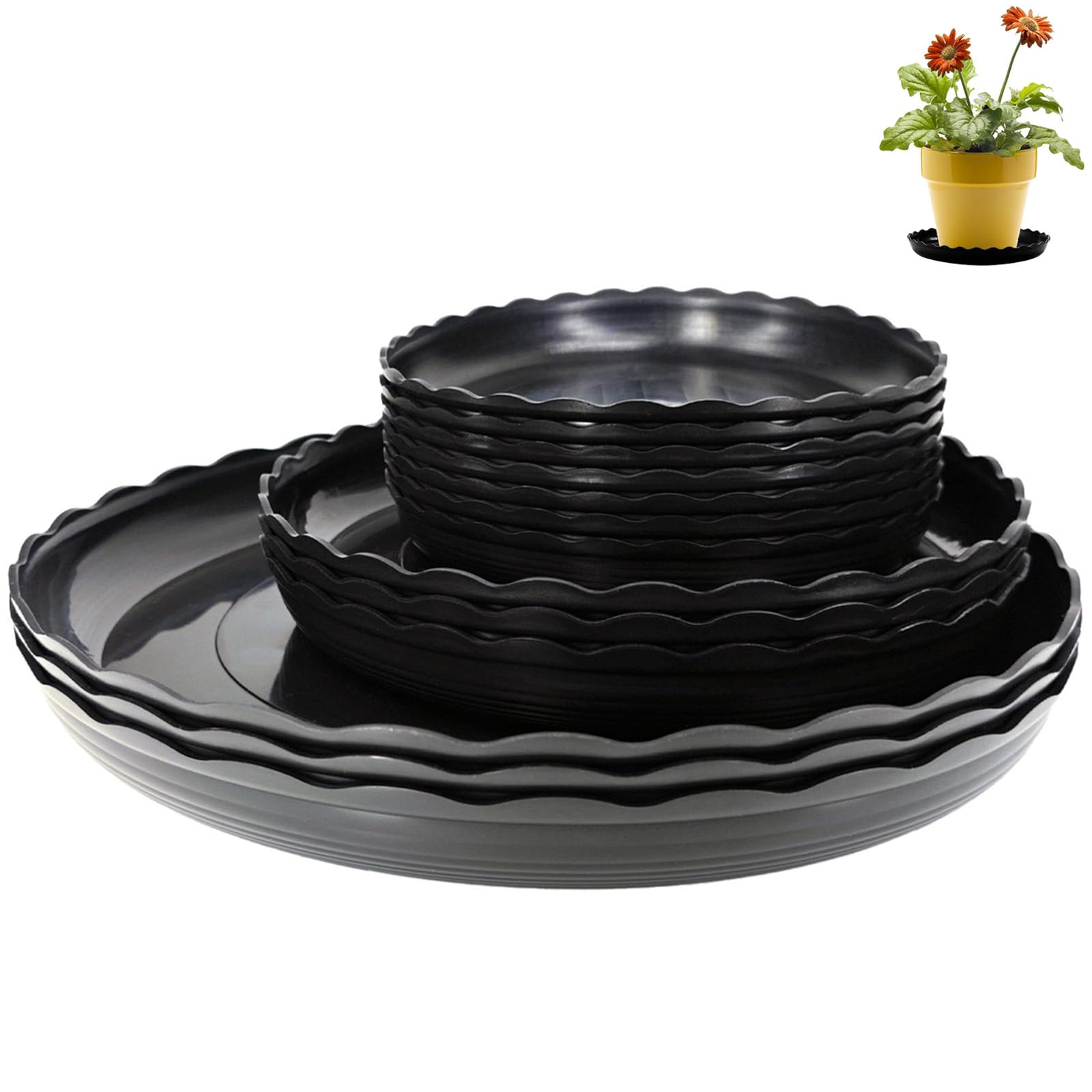 OFiSEXPT 13Pcs Plant Saucers Set, Black Round Plastic Drip Trays, 6, 8, 10 Inches,Flower Planter Saucers, Drip Trays for I...