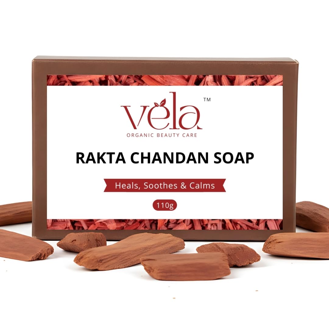 Vela Organic's Rakta Chandan Handmade Soaps for Bath | Sulphate & Paraben Free | With Shea Butter & Coconut Oil | Glowing & Skin Brightening Soap for Men & Women (110 Gms Pack of 1)