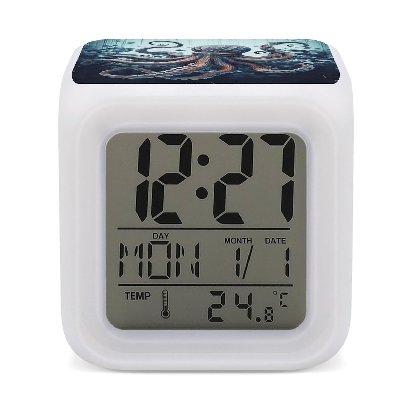 JTREHY 7 Color Changing LED Digital Alarm Clock,Cool Octopus Printed Wake-up Clock with Temperature Display Home Decoration Alarm Clock for Bedroom Office