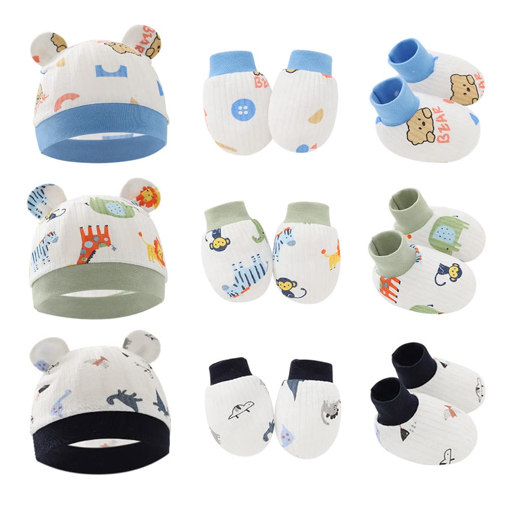 DZOZOBaby Hat Mittens Foot Cover Set 3 Pcs Newborn Baby Caps Mittens Foot Cover Newborn Set Anti-Scratch Mittens Infant Beanie Hat Cotton New Born Baby Hat Mittens
