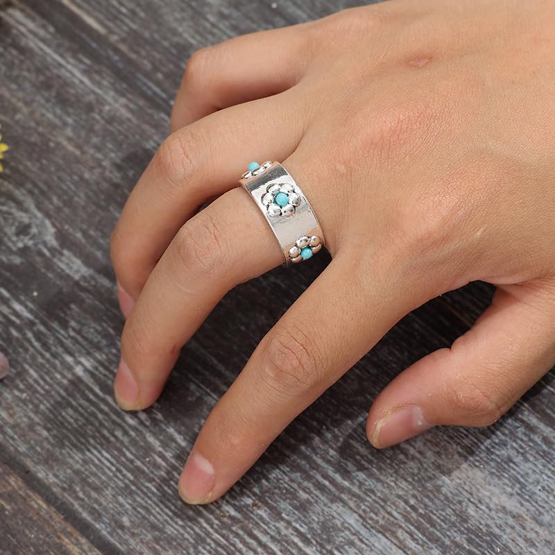 Chunky Silver Ring For Wemen, Retro Flower Turquoise Elegant Daily Wear Mood Elden Hammered Ring Jewelry Promise For Couples Gift3