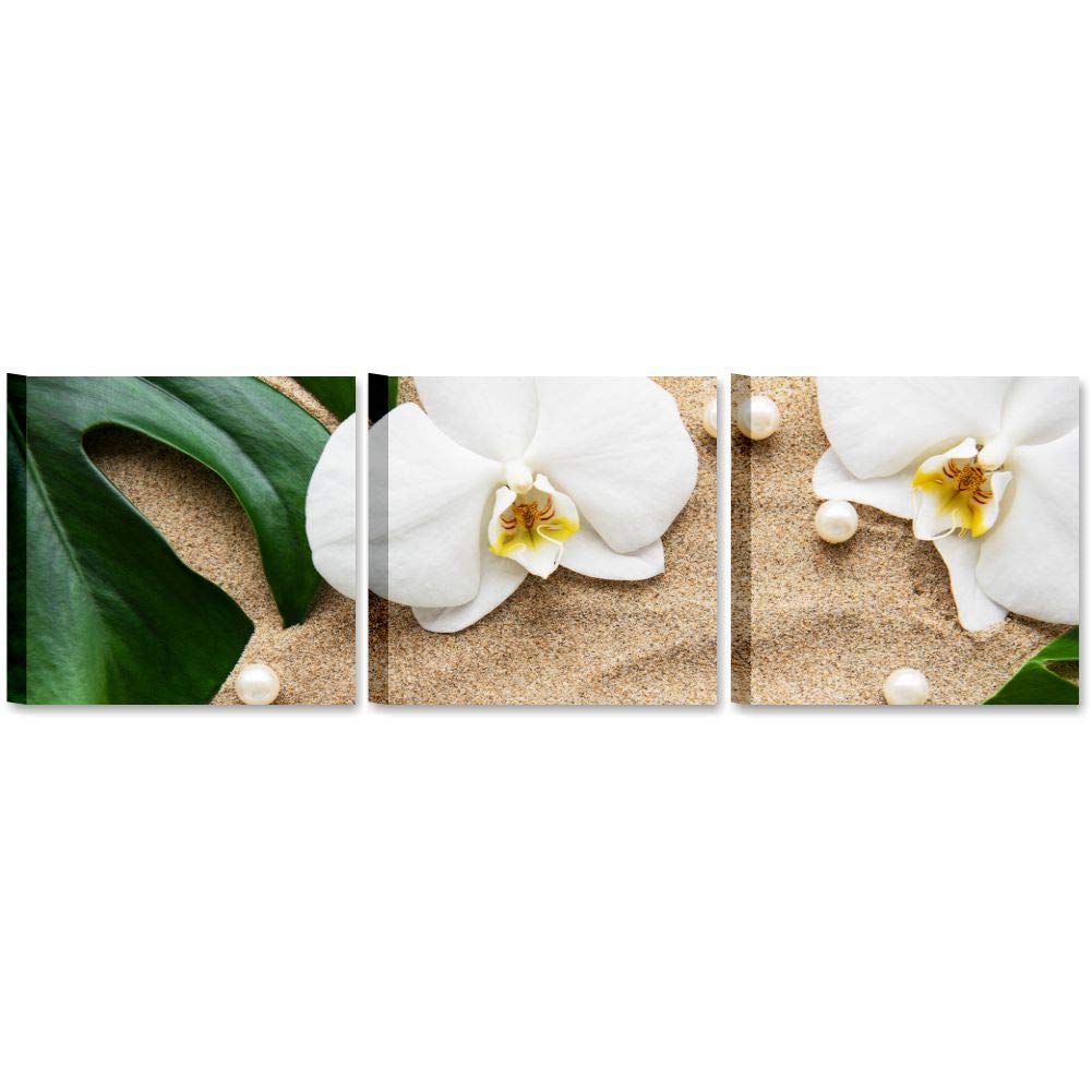 Quadri L&C ITALIA Tris Orchidea Bianca - Quadri per Bagno Moderno Zen con Fiori Bianchi Sabbia e Foglie - Quadetti da Parete 25 x 25 Stampa su Tela Canvas