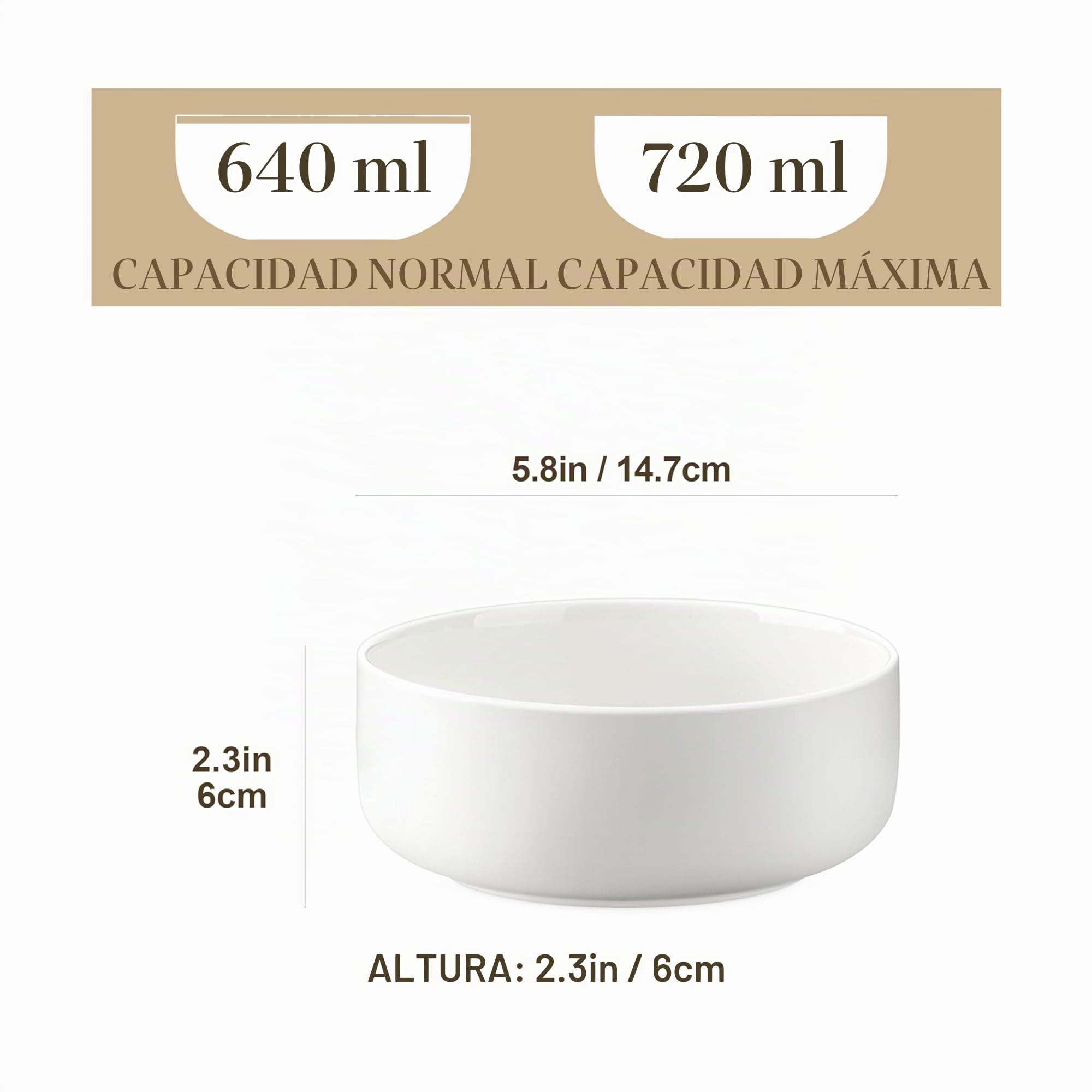 MALACASA Serie LUNA - Set de 6 Cuencos para Cereales de Porcelana de 640 ml (Ø 14,7 x H 6 cm), Ideales como Tazones para Cereales, Ensaladas, Sopas y Desayunos, Diseño Elegante en Color Blanco