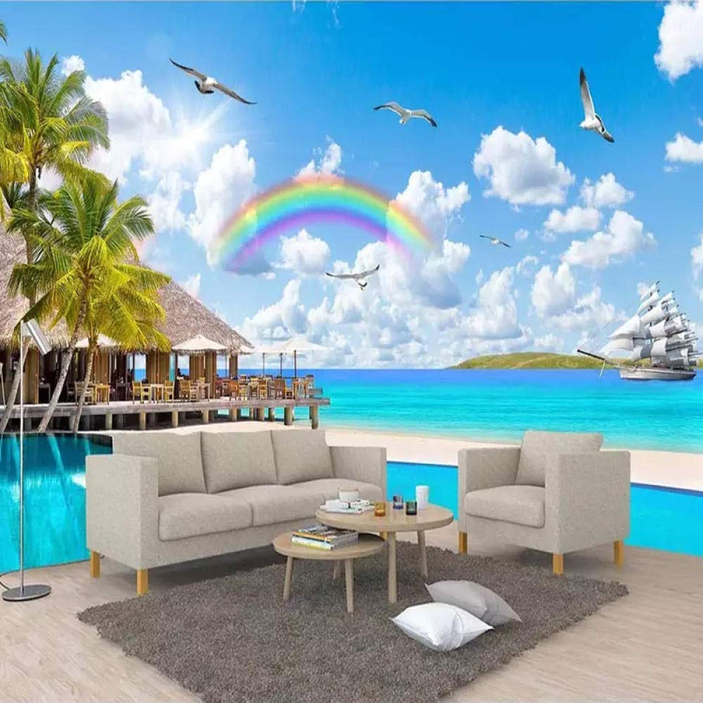 SIBUHUAU Papel tapiz 3D, pintura de pared, arcoíris, árbol de coco, vista al mar, Mural grande, sala de estar, dormitorio, papel tapiz, decoración del hogar