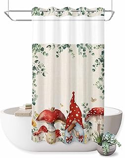No Hook Shower Curtain, Red Mushroom Gnomes Shower Curtains for Bathroom with See Through Top Window, Eucalyptus Leaves Watercolor Rustic Waterproof & Washable Bath Curtain Stand Up Stall 36"x72"