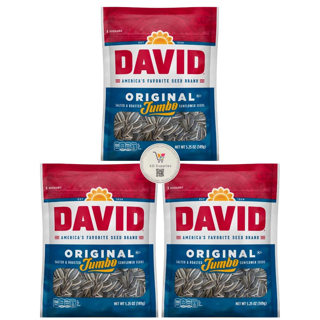KD SuppliesDavid's Salted & Roasted Sunflower Seeds, (Pack of 3) 5.25 oz Bags (Jumbo Original)