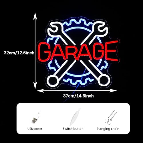 Miniatura 4 de Letrero de neón de garaje, llave de engranaje, letrero de luz LED para decoración de pared, luz de neón de motor de verificación USB para reparación