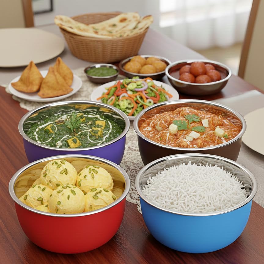Image of Zaib Microwave Safe Stainless Steel Food Storage Bowl with Lid | Snack Serving Cooked Food Storage Container for Kitchen Capacity- 500 ML Each (Multicolor White Lid)
