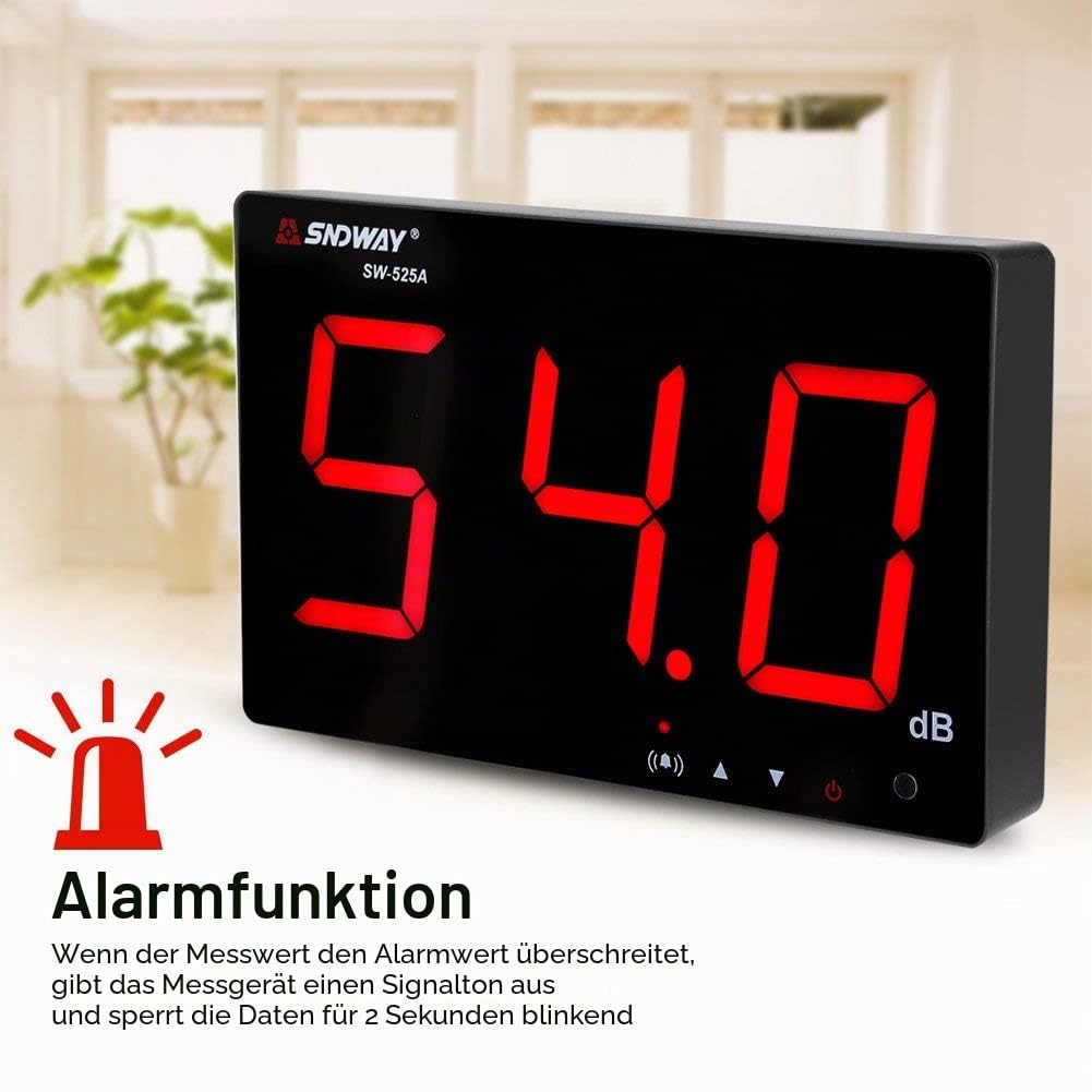 Schallpegelmesser, 30~130 dB, 9,6-Zoll-LCD-Display, wandhängender Dezibel-Geräuschmessgerät mit Alarm (SW-525A)