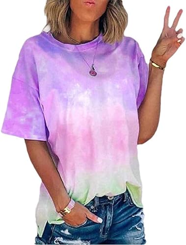 Womens Plus Size Tops Roundneck Short Sleeve Blouse Fashion Colorful Tie-dye T Shirt Summer Casual Tees