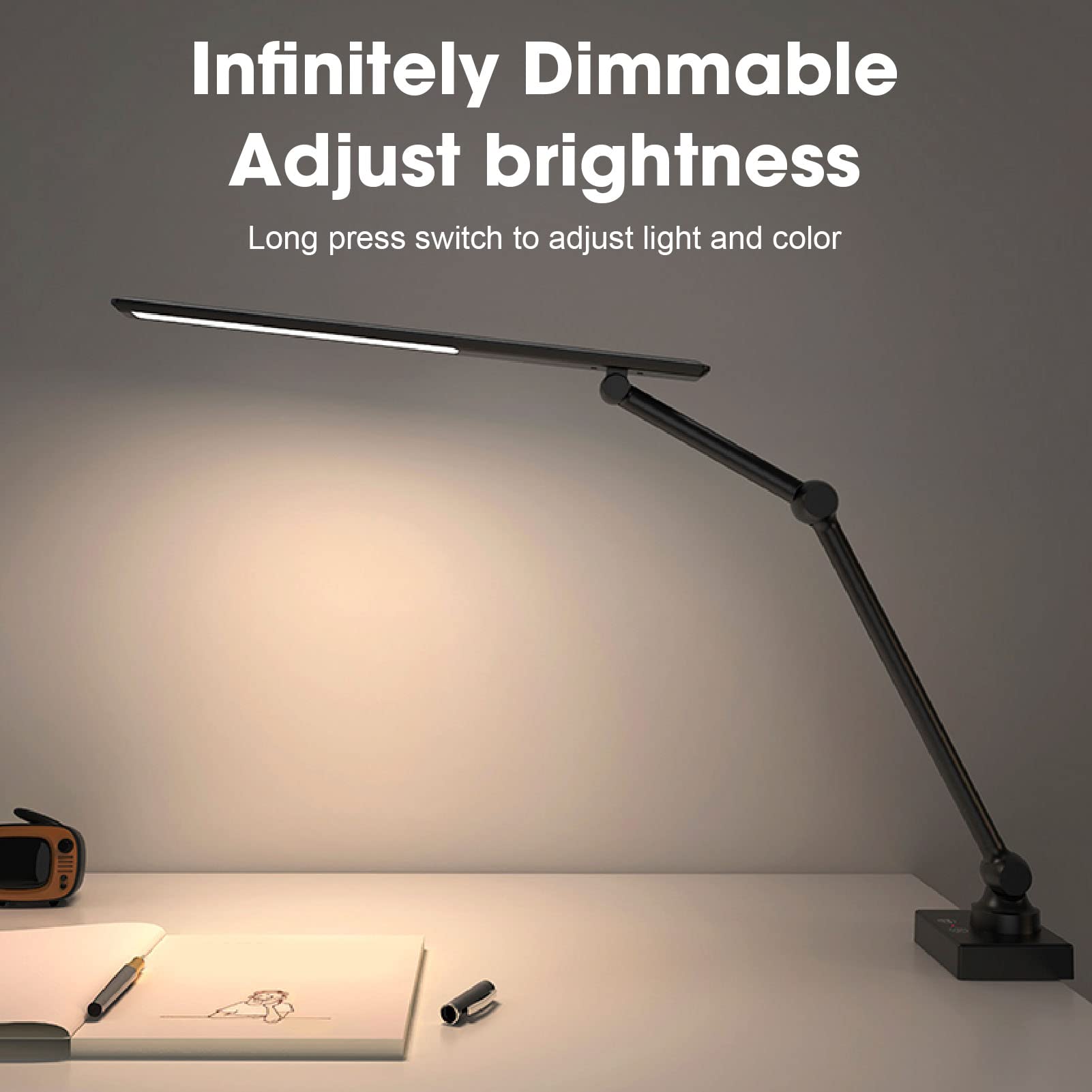 LED Schreibtischlampe, Touch Control Tischlampe Leselampe mit USB Ladeanschluss, 3 Beleuchtungsmodi, Dimmbare Augenschonende Schreibtischleuchte für Zuhause, Büro, Arbeitszimmer
