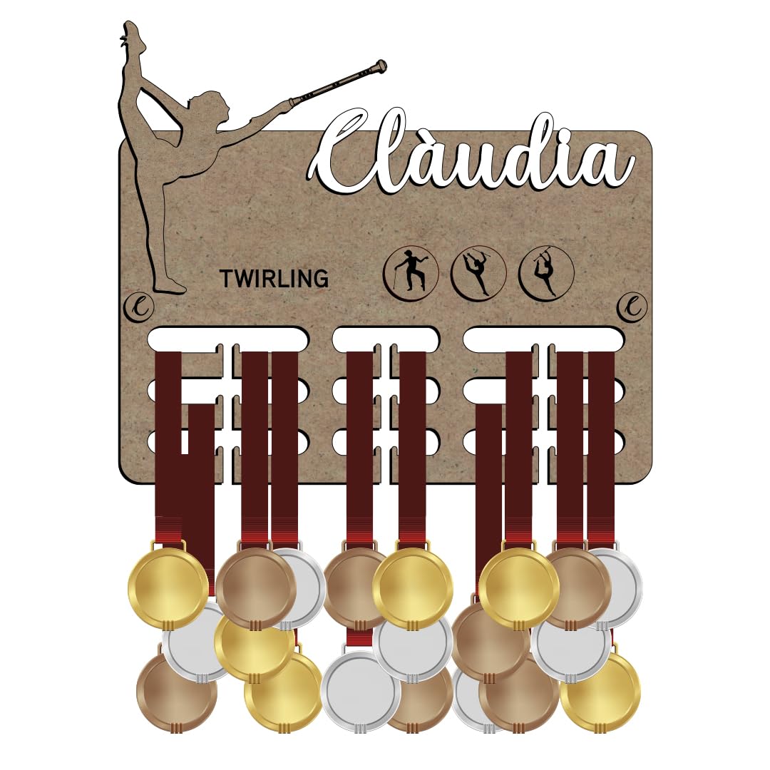 Medallero Twirling de Madera, Personalizado con Nombre y Deporte, Colgador de medallas. Soporte Organizador cuelga medallas Deportivas, Regalos para Deportistas