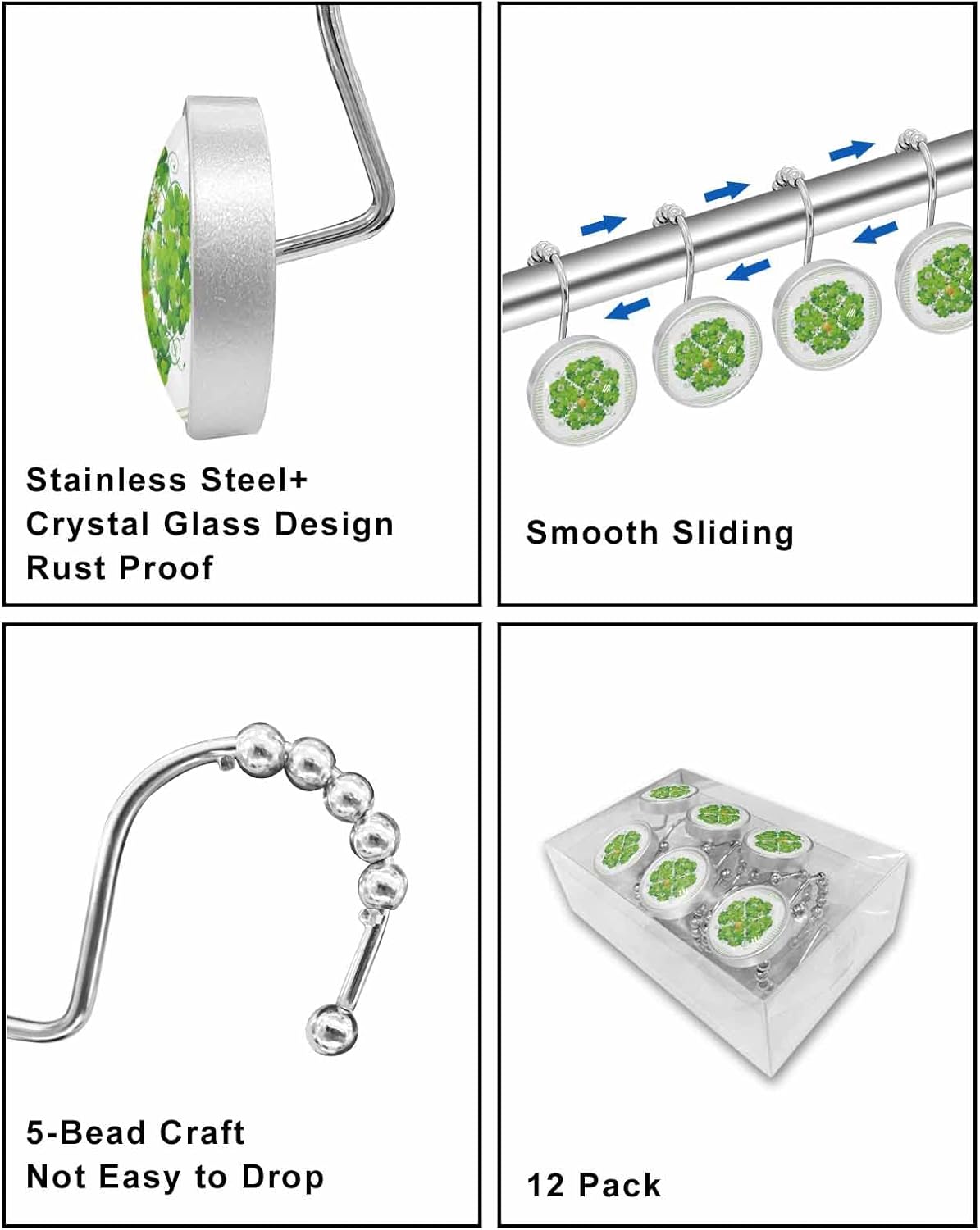 Shower Curtain Hooks Set of 12 St.Patrick's Day Shamrocks Stripe Green Crystal Glass Shower Curtain Rings for Bathroom Decorative Stainless Steel Rust Proof Roller Shower Curtain Hangers