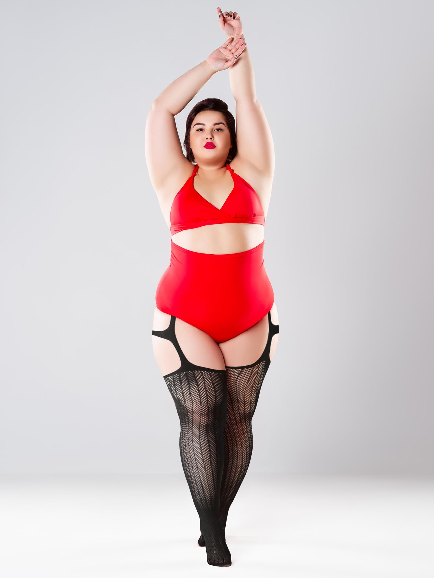 Skylety 6 Pairs Women Plus Size Fishnet Suspender Pantyhose Thigh High Stocking Garter Belt Lingerie Tights for Women S-XXXL: XX-Large-3X-Large Chic Fantasy Black