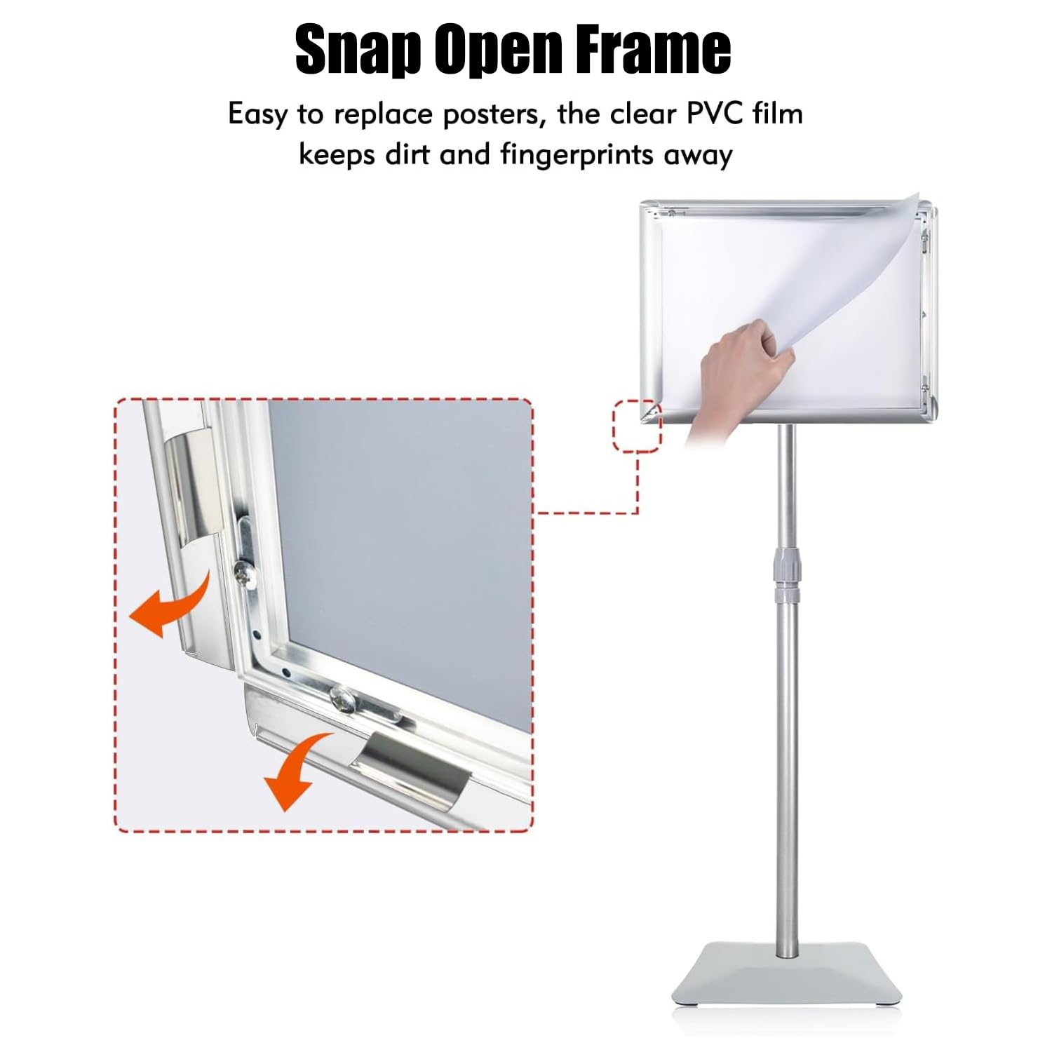 Soporte ajustable para carteles, con base de hierro mejorada, soporte de señalización de suelo de pedestal para publicidad en exteriores o interiores (8.5 x 11 pulgadas, plateado)