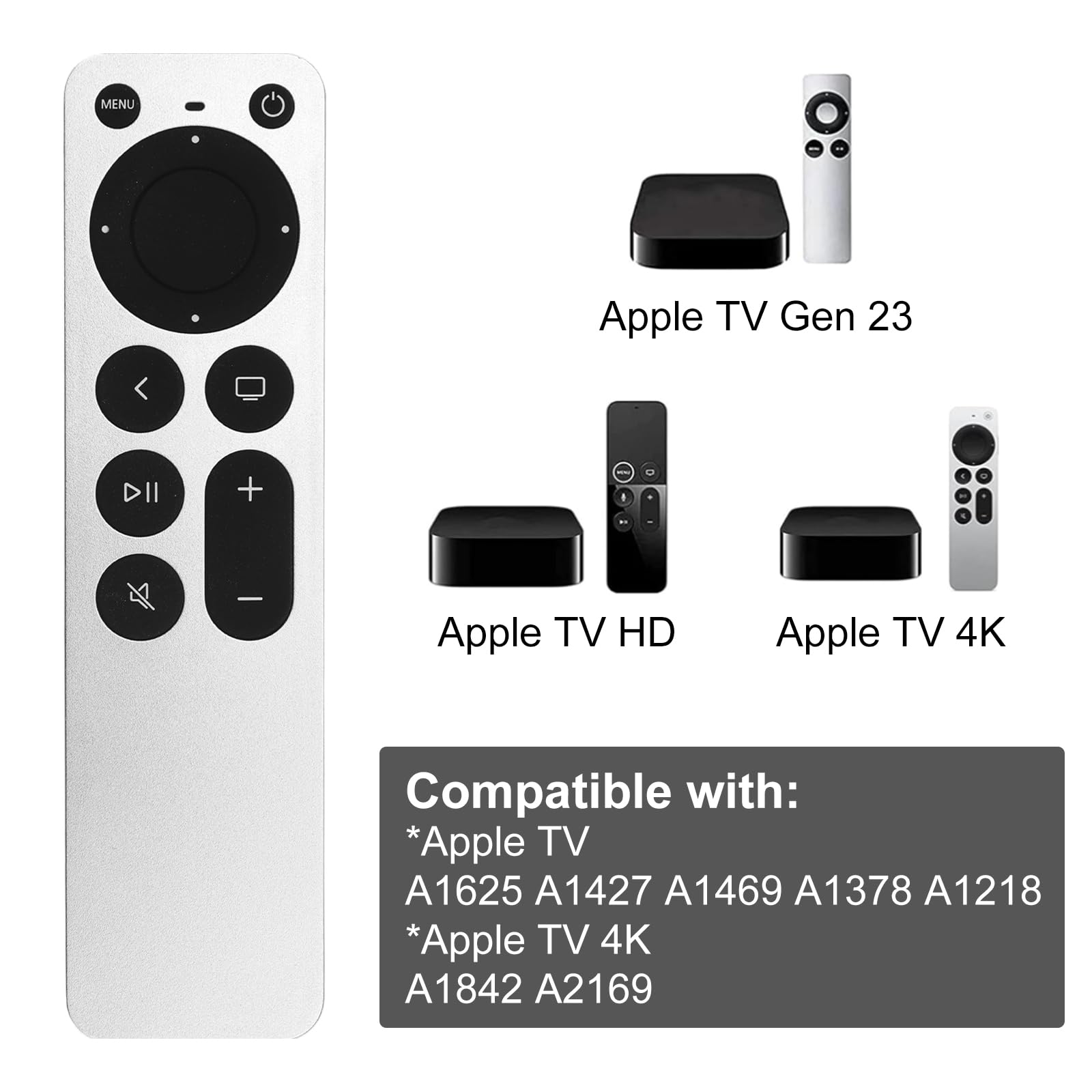 VOSSOT APL pilot zamienny do Apple TV 4K / Gen 1 2 3 4 / HD modeli A1218, A1842, A1625, A1427, A1469, A2169, A1378, Nowy pilot Apple, uniwersalny pilot Apple TV, uniwersalny, prosty