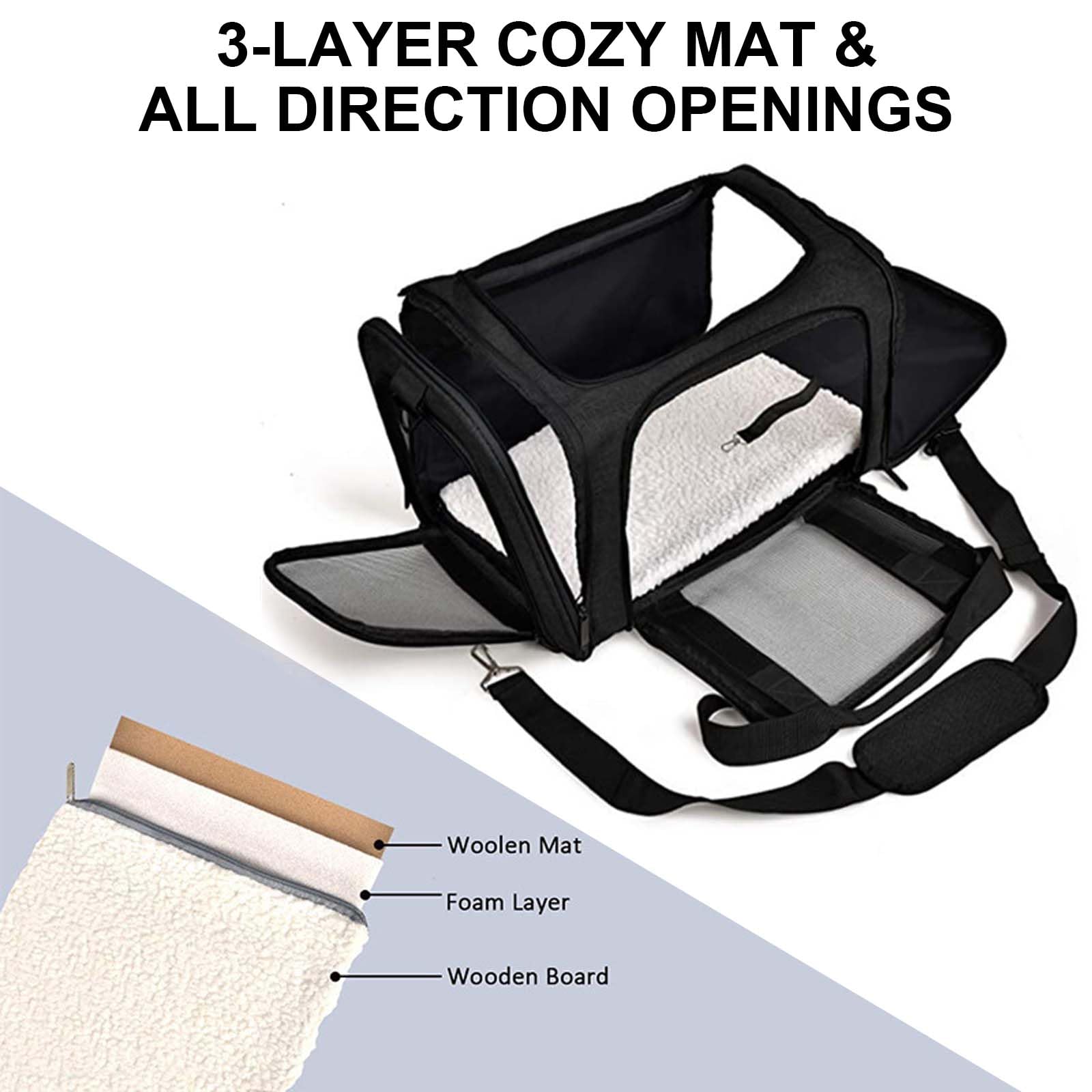 Bolso Transportín Gatos y Perros, Bolsa de Transporte Plegable Transporte para Mascotas, Portador de Viaje con Correa de Hombro para Gatos Pequeños, Medianos, Perros y Conejos (Negro)