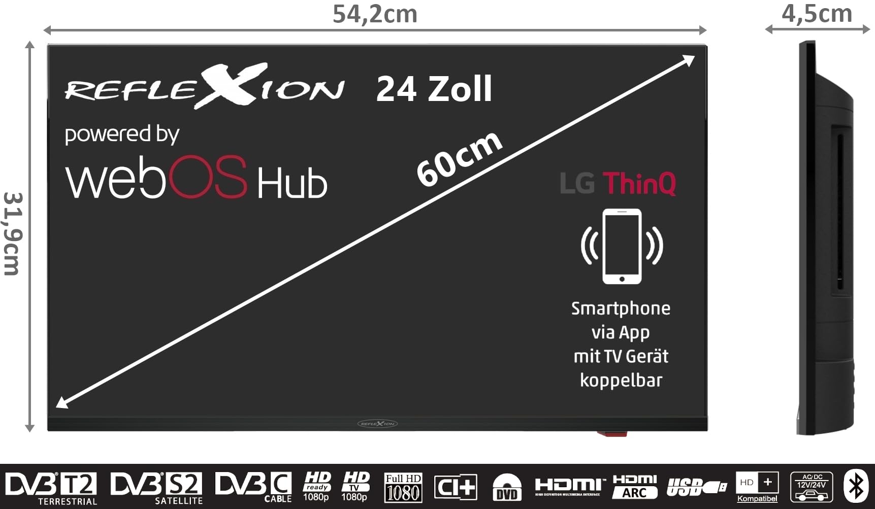 REFLEXION LDDX24IBT-Black Smart LED Fernseher 24 Zoll / 60cm, LG webOSHub, Wohnwagen/Wohnmobil/Camping/Caravan/Boot/LKW TV, Slimline, 12/24/230 Volt, Full HD, Triple Tuner, Bluetooth, WLAN, DVD-Player