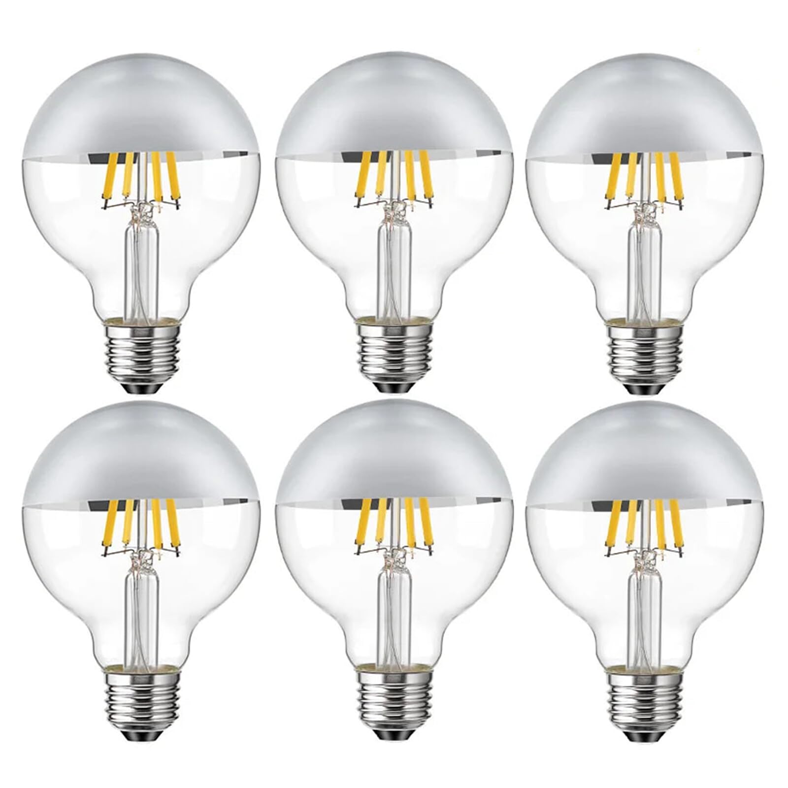 Bombillas LED G80 de espejo plateadas E27 7 W estilo retro Edison 2700 K blanco cálido con tapa plateada y medio cromado (paquete de 6)