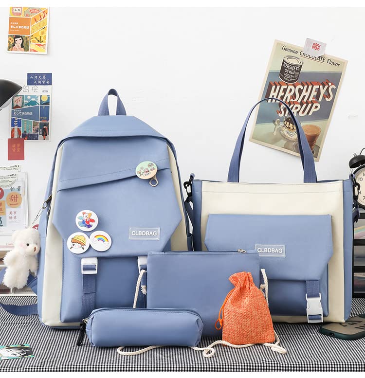 Sac à dos Kawaii 5 pièces - Sac à dos mignon avec pendentifs Kawaii et épingles - Accessoires pour adolescentes et filles - Sac à dos esthétique mignon, bleu