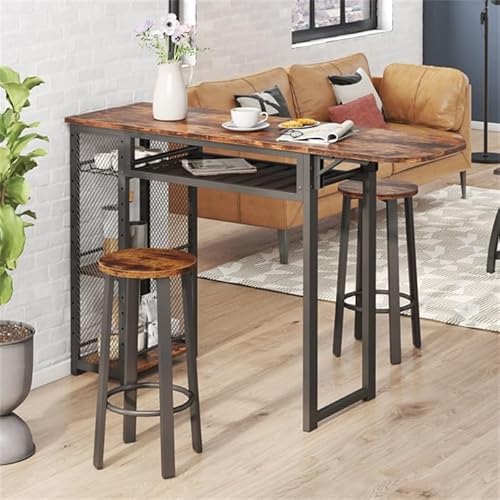Juego de Mesa de Bar, Mesa con 2 taburetes de Bar, Mesa de Comedor con Soporte para Copas de Vino y Estante, Mesa de Cocina de Estilo Industrial, Mesa Alta para Bar, bistró y salón (marrón) - imagen 3
