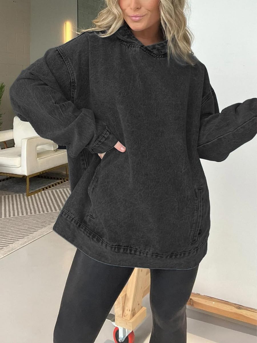 Onsoyours Felpa con Cappuccio di Jeans da Donna Elegante Felpa Oversize Maniche Lunghe Maglione Inverno Sport Maglie Primaverili Donna con Tasche