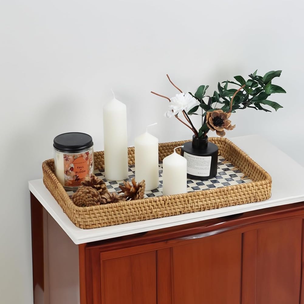 Plateau Décoratif Antidérapant en Rotin Damier Noir et Nacre