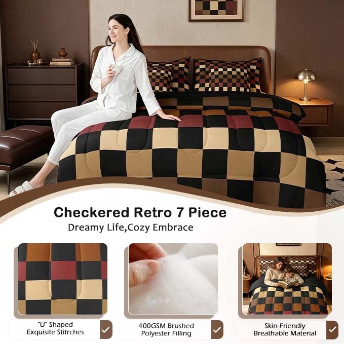 Image of Feelyou Checkered Retro Comforter Set with Sheets 7 Piece Twin Size Brown Red Black Plaid Bed in a Bag Kids Boys Girls Geometric Vintage Bedding Set Modern Simple Groovy Aesthetic Bedroom Decor Soft