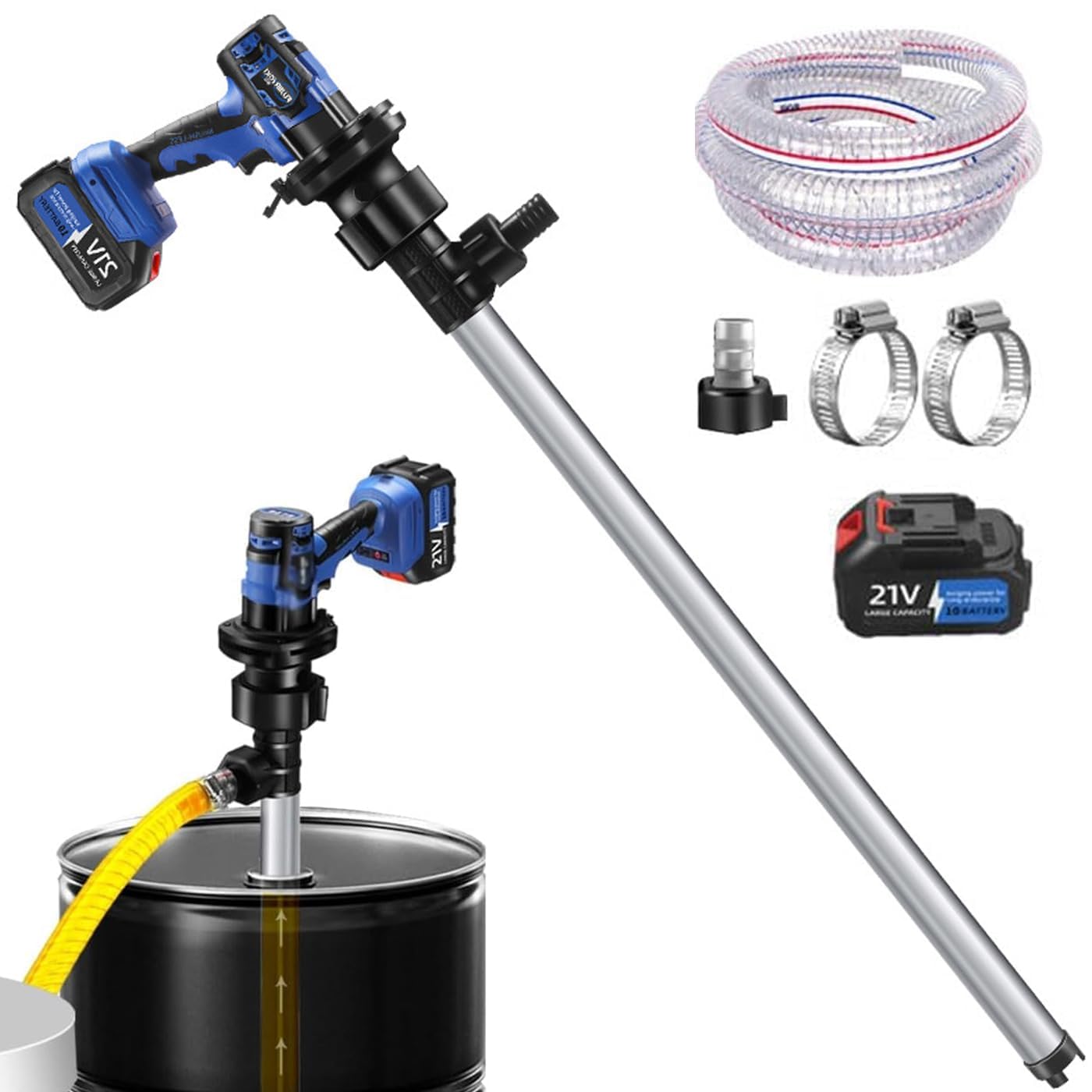 Bomba eléctrica para bidones 80-150 l/min Velocidad ajustable Longitud del tubo 92 cm Succión de alto caudal, para diésel/queroseno/fluidos hidráulicos/aceite comestible Aluminum-tube