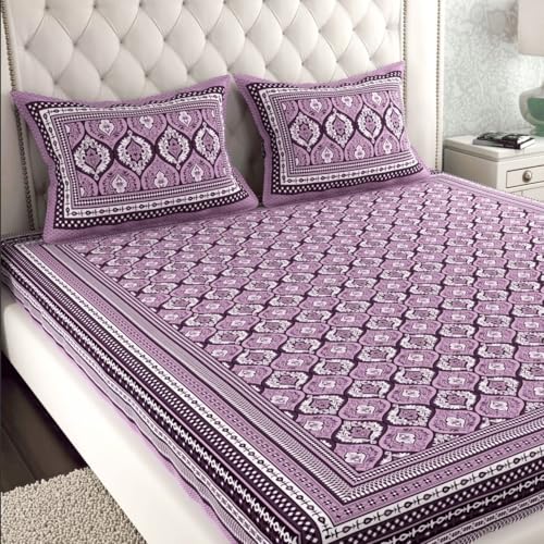 Image of UNIBLISS 100% Cotton Rajasthani Jaipuri Traditional Floral King Size Double Bed Bedsheet with 2 Pillow Covers - (Multicolor Bedsheets002)