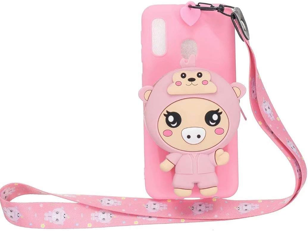 Galaxy A20S Case,[Send Pen] 3D Cute Animal Earphone Pocket Purse Lanyard [Drop Proof,Shock Proof] Cartoon Gel Rubber Back Cover Case for Samsung Galaxy A20S - Piglet