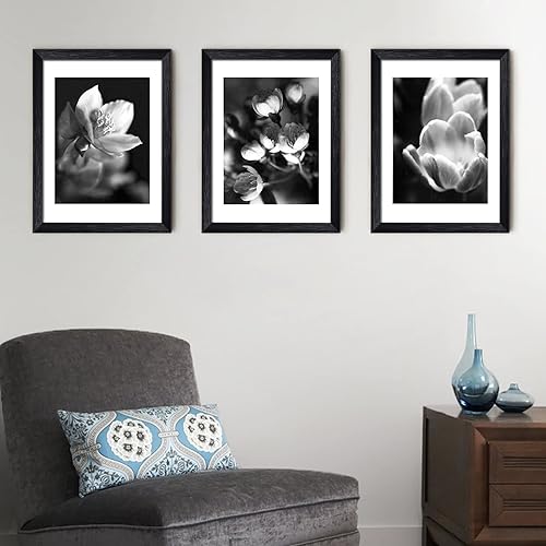 Imágenes en blanco y negro para decoración de pared de dormitorio, arte de pared con marco floral para sala de estar, 3 piezas de 12 x 16 pulgadas