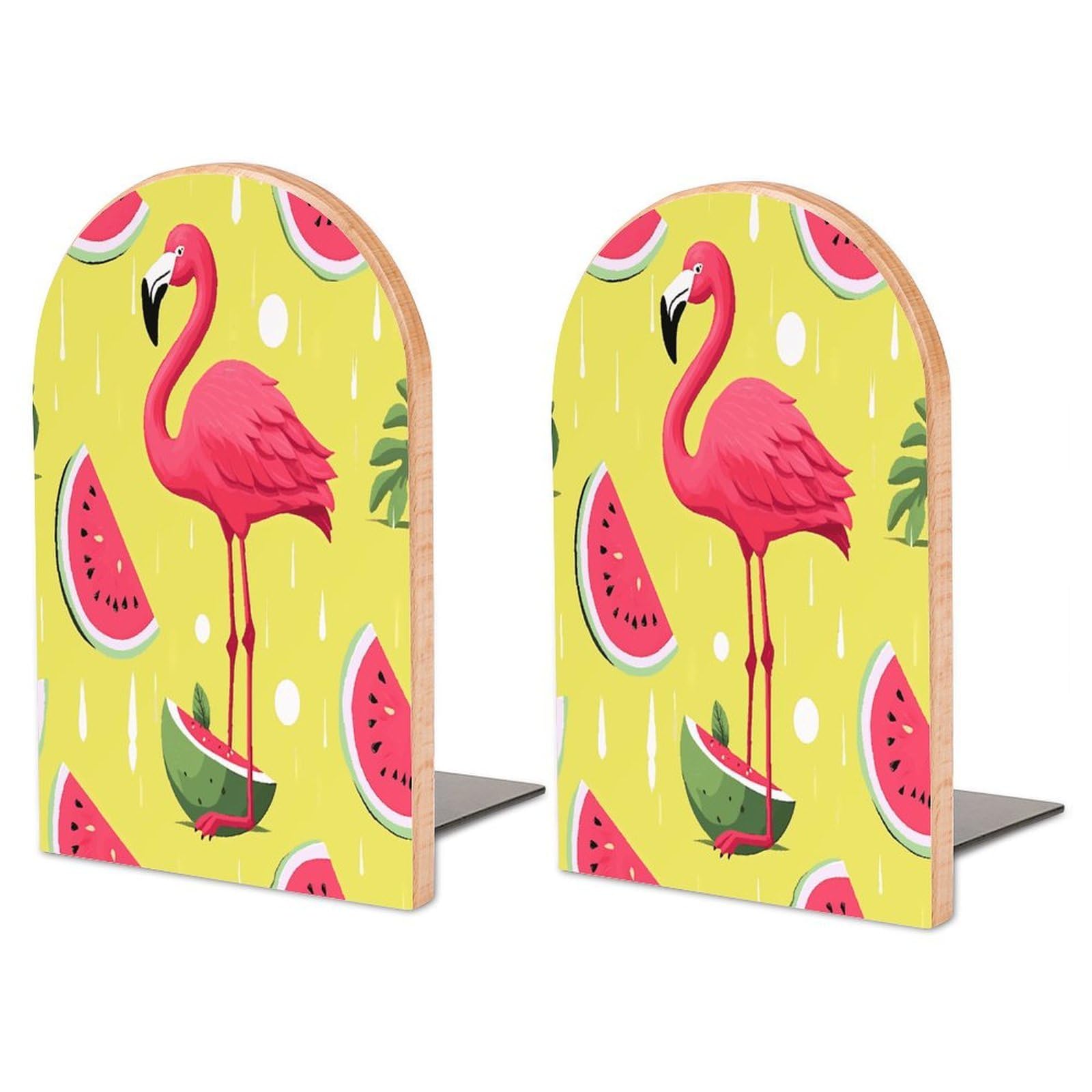 Large Pink Flamingo and Watermelon Book End with Metal Base Fashion Heavy Duty Bookend Exquisite Wooden Bookends Non-Skid Book Stopper for Shelves Books Organizer for Office Home 1 Pair