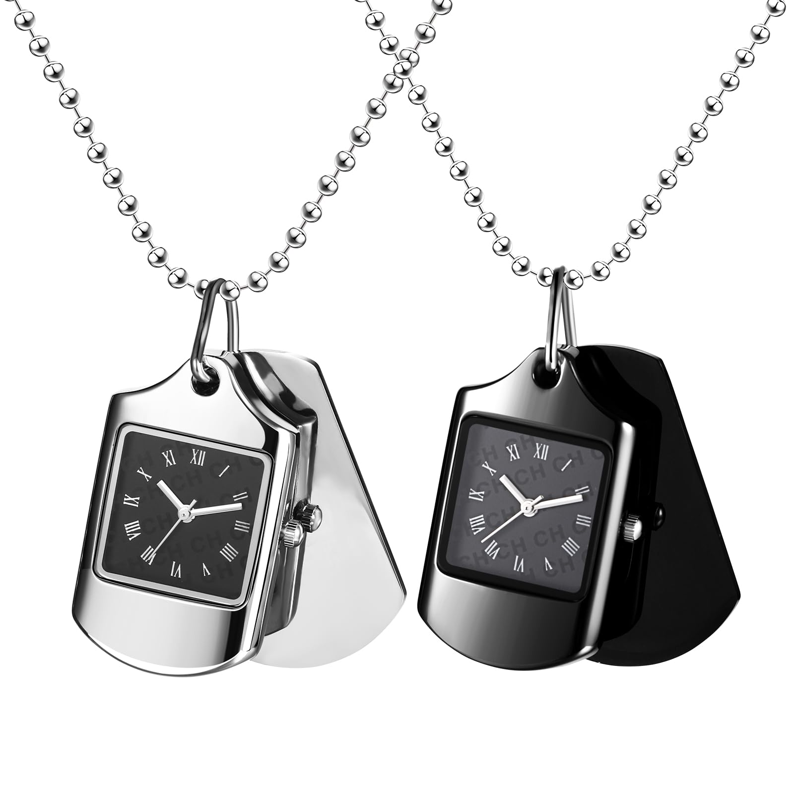 JewelryWe Zegarek kieszonkowy, łańcuszek na szyję z zegarkiem i nieśmiertelnikiem: 2 szt. analogowy kwarcowy zegarek łańcuchowy, cyfry rzymskie, prostokątny, wojskowy, nieśmiertelnik, wisiorek