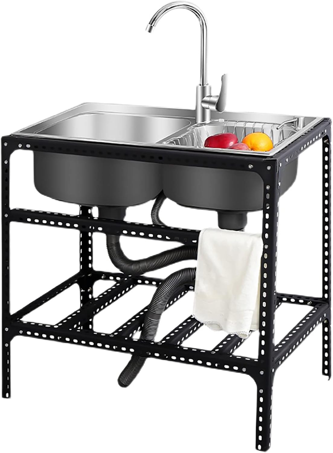 Freestanding Kitchen Double Bowl Sink, Stainless Steel Outdoor Sink, Waterfall Countertop Sink with Two Sinks, Faucet, Black Stand, Drain, Spouter, Suitable for Hotel, Kitchen, Workshop,Garden,Outdoor