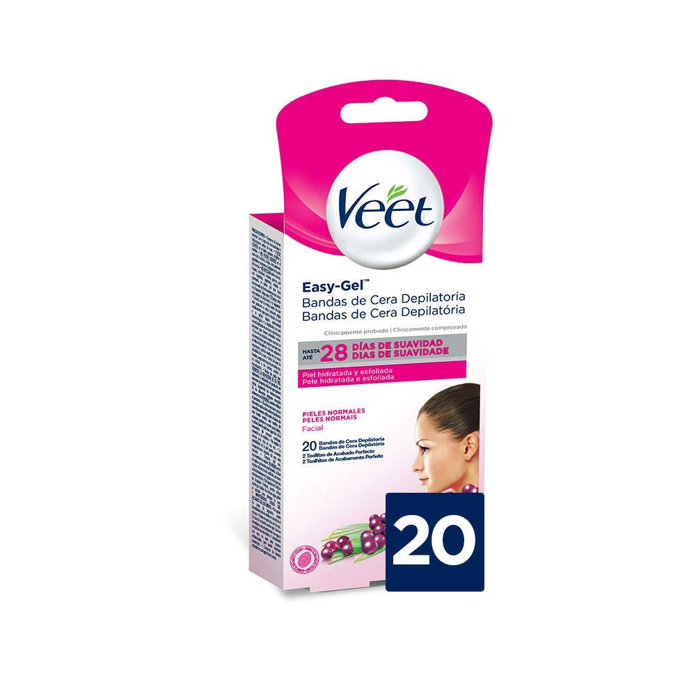 Veet Bandas de Cera Fria Depilatoria para Depilación Facial con Manteca de Karité y Bayas de Açaí, Easy Gelwax, Pieles Normales, 20 Bandas