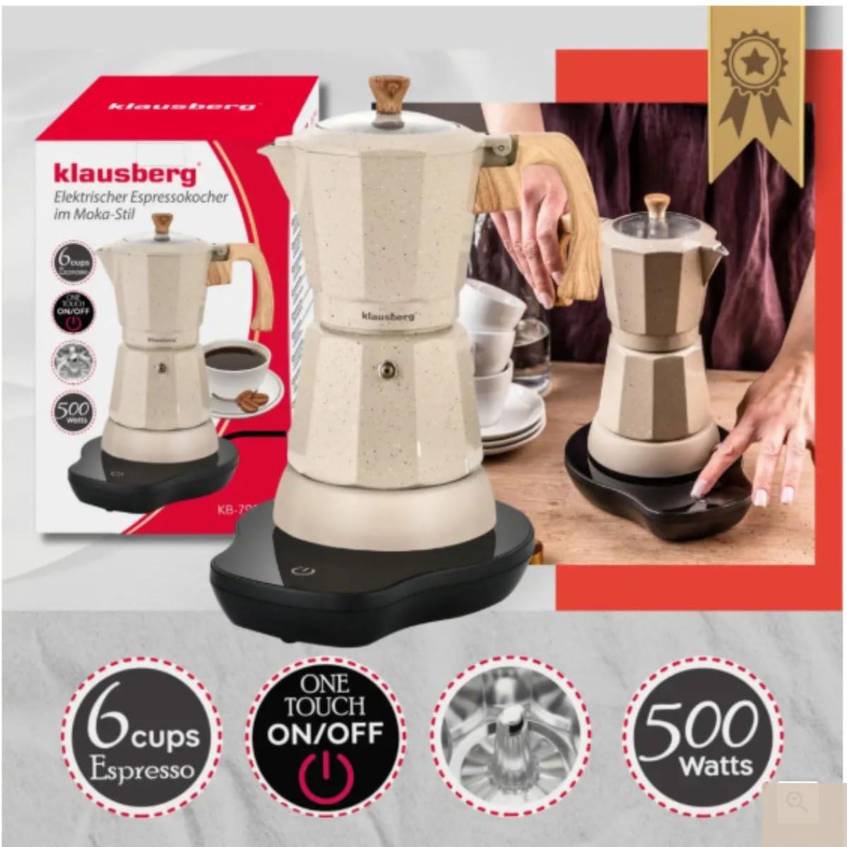Klausberg Máquina espresso eléctrica, Beige, 16,2 x 19.8 x 27 cm, 300 ml, Metal con elementos resistentes al calor
