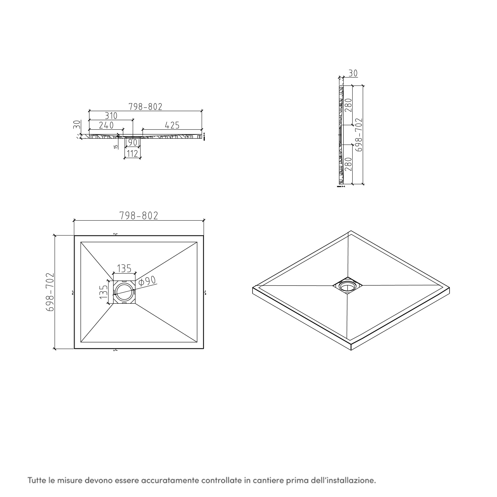 Plato de ducha de mármol blanco antideslizante efecto piedra con rejilla cubrepileta, 3 cm de altura (blanco, 70 x 80 cm)