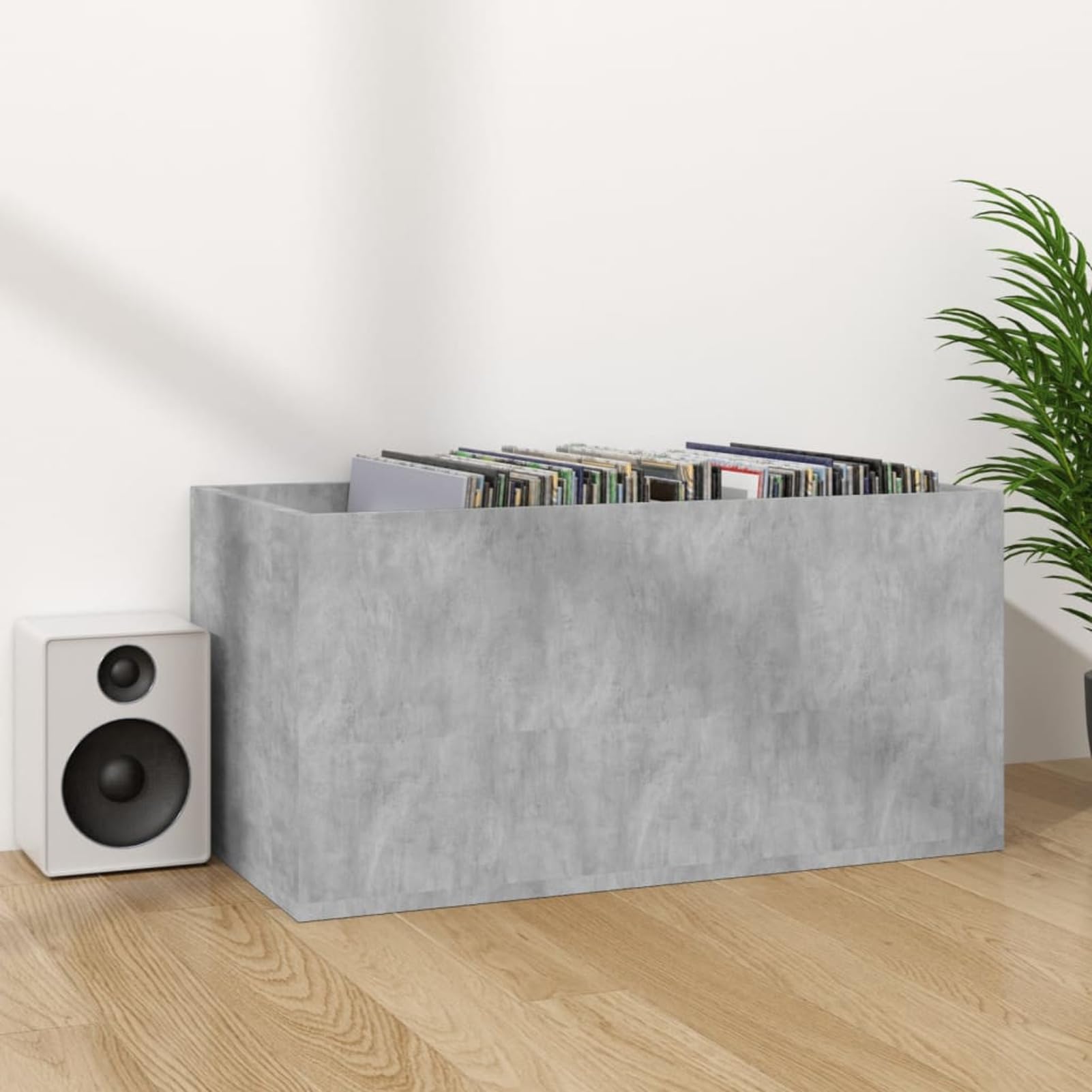 Homgoday Caja de almacenamiento LP para discos de vinilo, estante organizador de discos de vinilo, mueble de salón, caja de transporte de hormigón, gris, 71 x 34 x 36 cm, madera de ingeniería