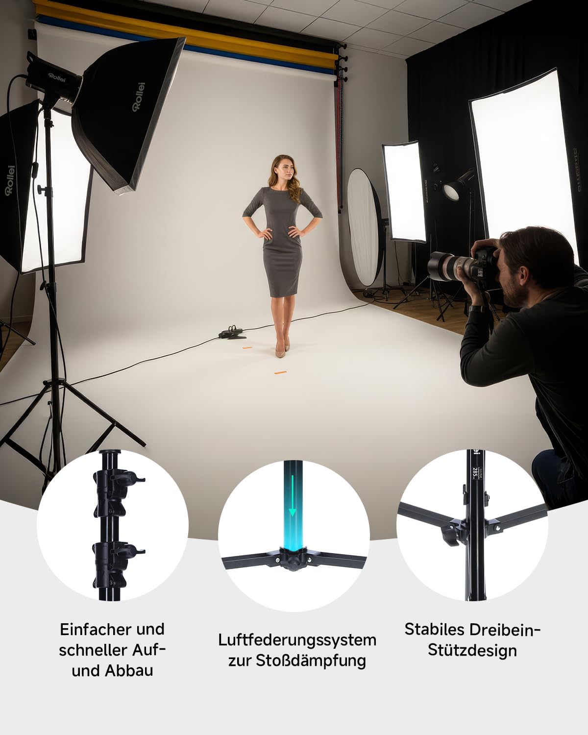 Rollei Pro Flash Stand 285 cm - Treppiedi per lampada professionale 285 cm – Treppiedi per lampada in alluminio robusto per flash da studio, Altezza regolabile tra 125 e 285 cm - Nero
