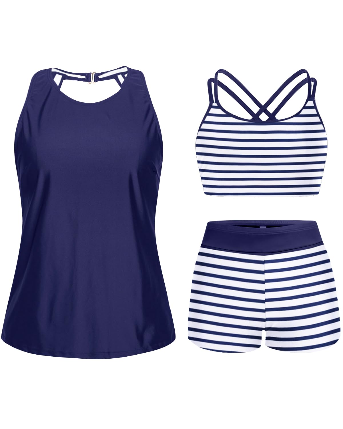 Tempt Me 3 Piece Swimsuit for Women Tankini Bathing Suit Modest High Neck Tank Tops Swimwear with Shorts