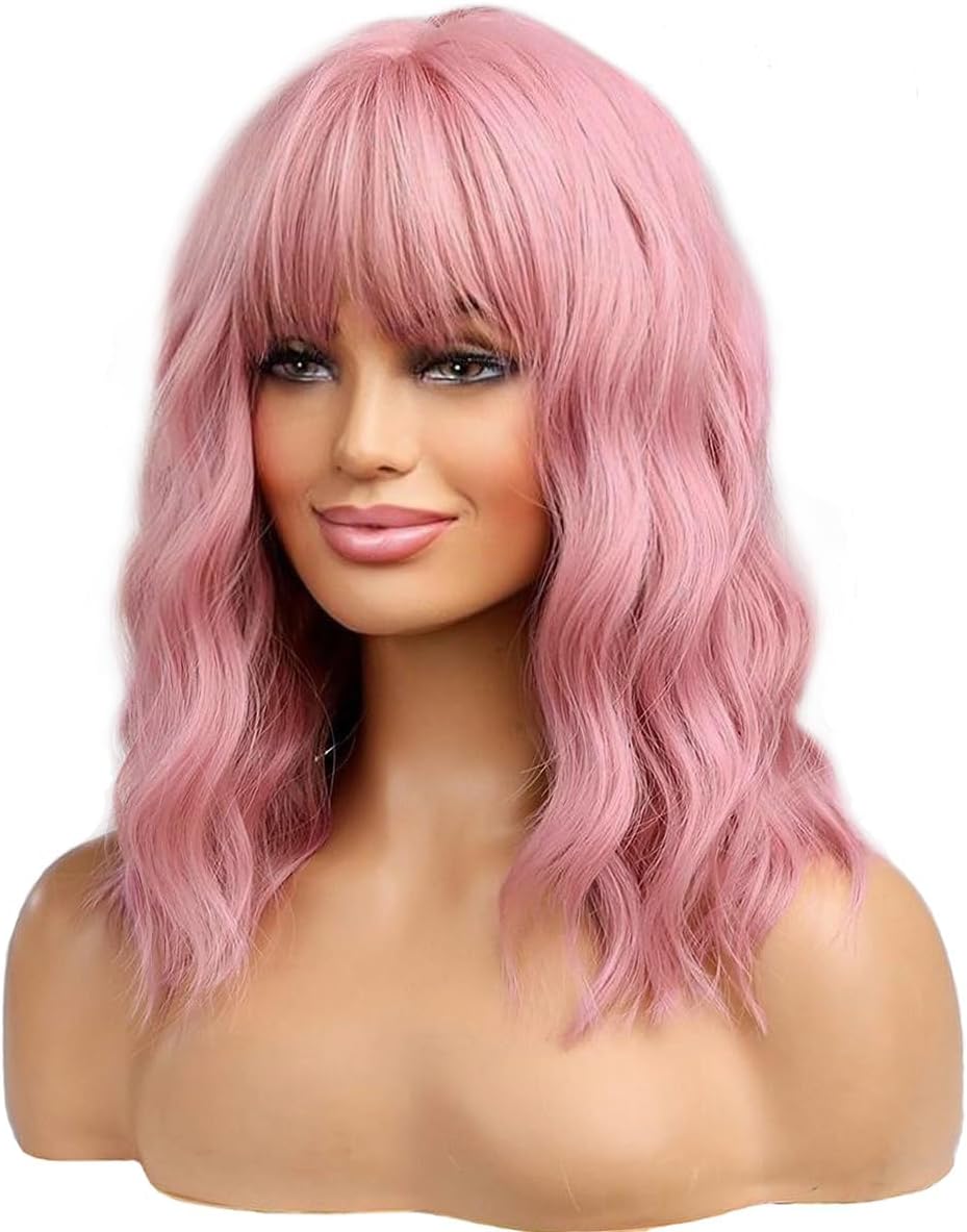 BERON 14 Inches Women Girls Short Curly Synthetic Wig with Air Bangs Lovely Pink, 230 Grams