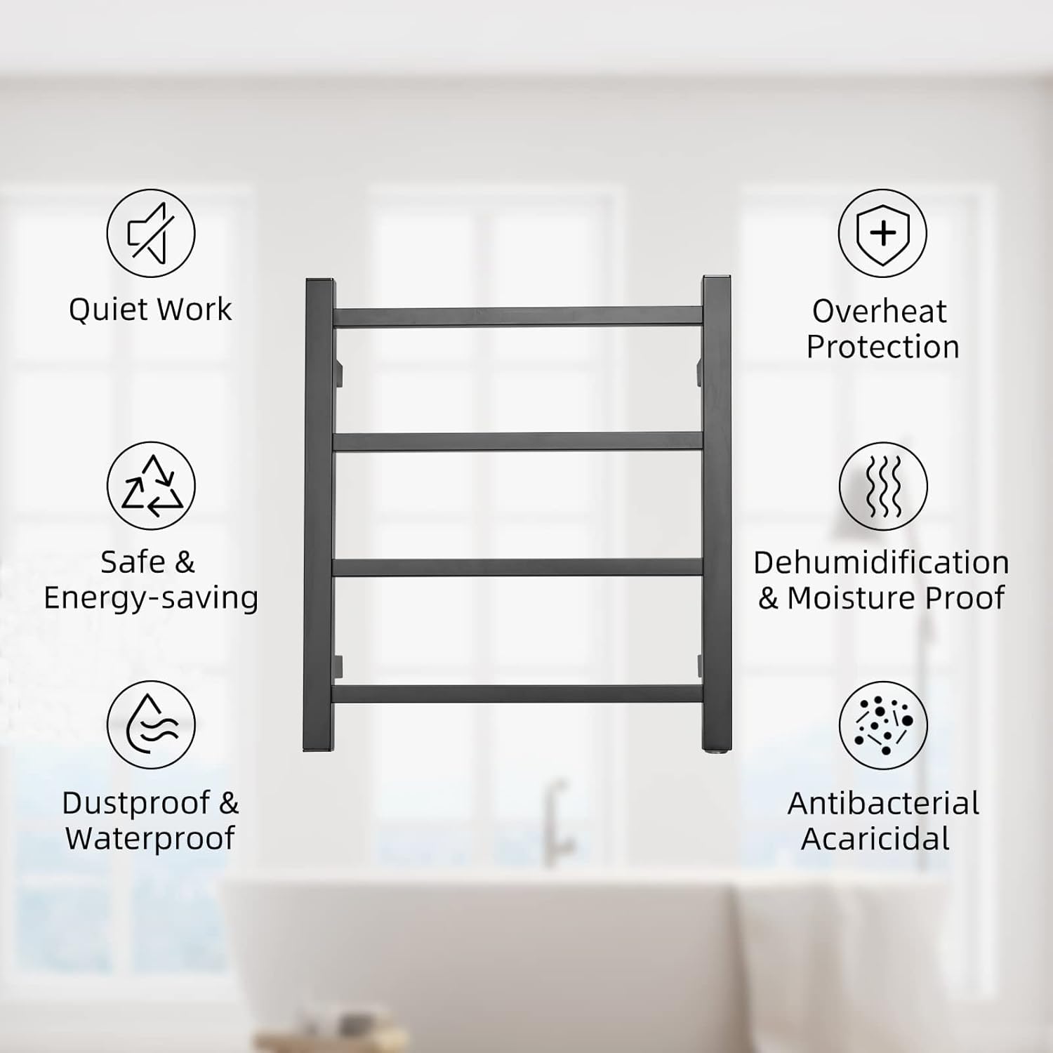 Towel Warmer Black for Bathroom Wall Mounted Bath Towel Heater Plug-in Electric Heated Towel Rack Stainless Steel Square 4 Bars Drying Rack ETW13-2A 35W 19.69x17.71x4.33 inches (Power on Left)