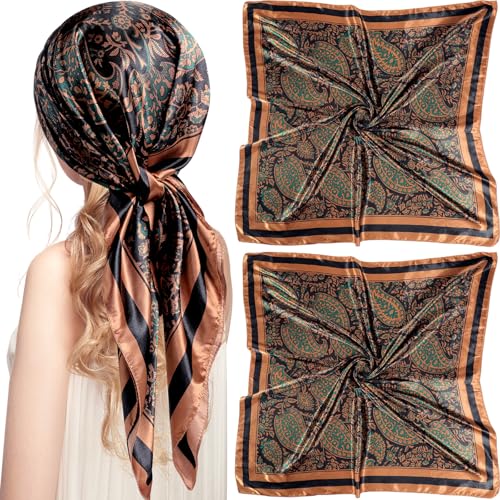 SATINIOR 35 Inch Silky Head Scarf 2 Pcs Large Square Neck Scarf Sleeping Hair Wrapping Satin Bandana for Women (Coffee,Modern)